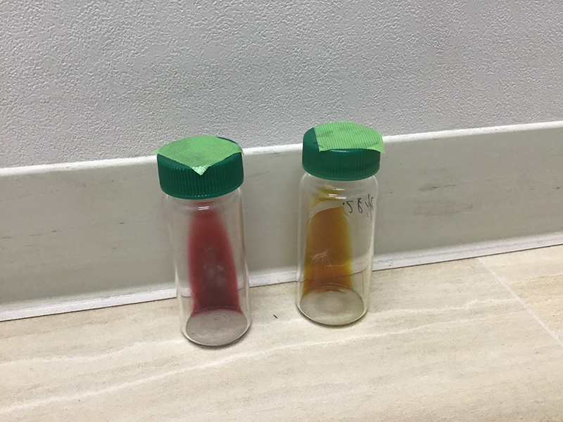 瓶が二つ並び、何らかの検査用の瓶を思わせる。左は赤い色素が瓶底に向けて拡がり、右は薄い茶色の色素が同じように拡がっている