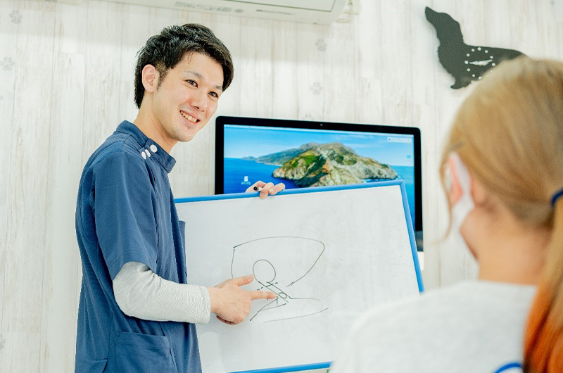 左奥にスタッフらしき人物、右手前に女性患者のような姿。スタッフらしき人物はホワイトボードに何かを書いて説明している様子